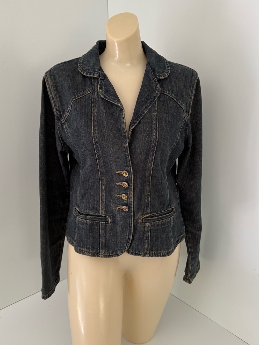 French Cuff Womens Medium Dark Wash Denim Jacket Amber Jewel Button Jean Blazer
